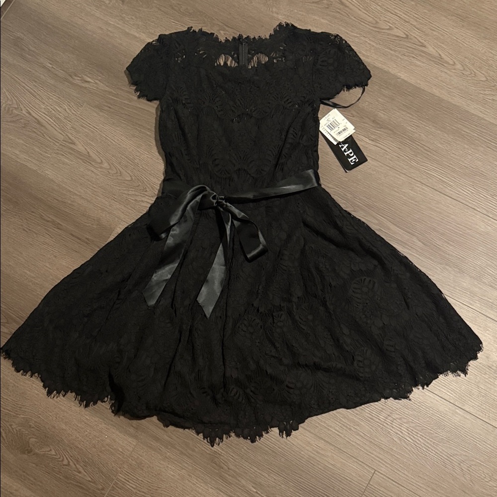Xscape Black Lace Mini Dress with Satin Tie